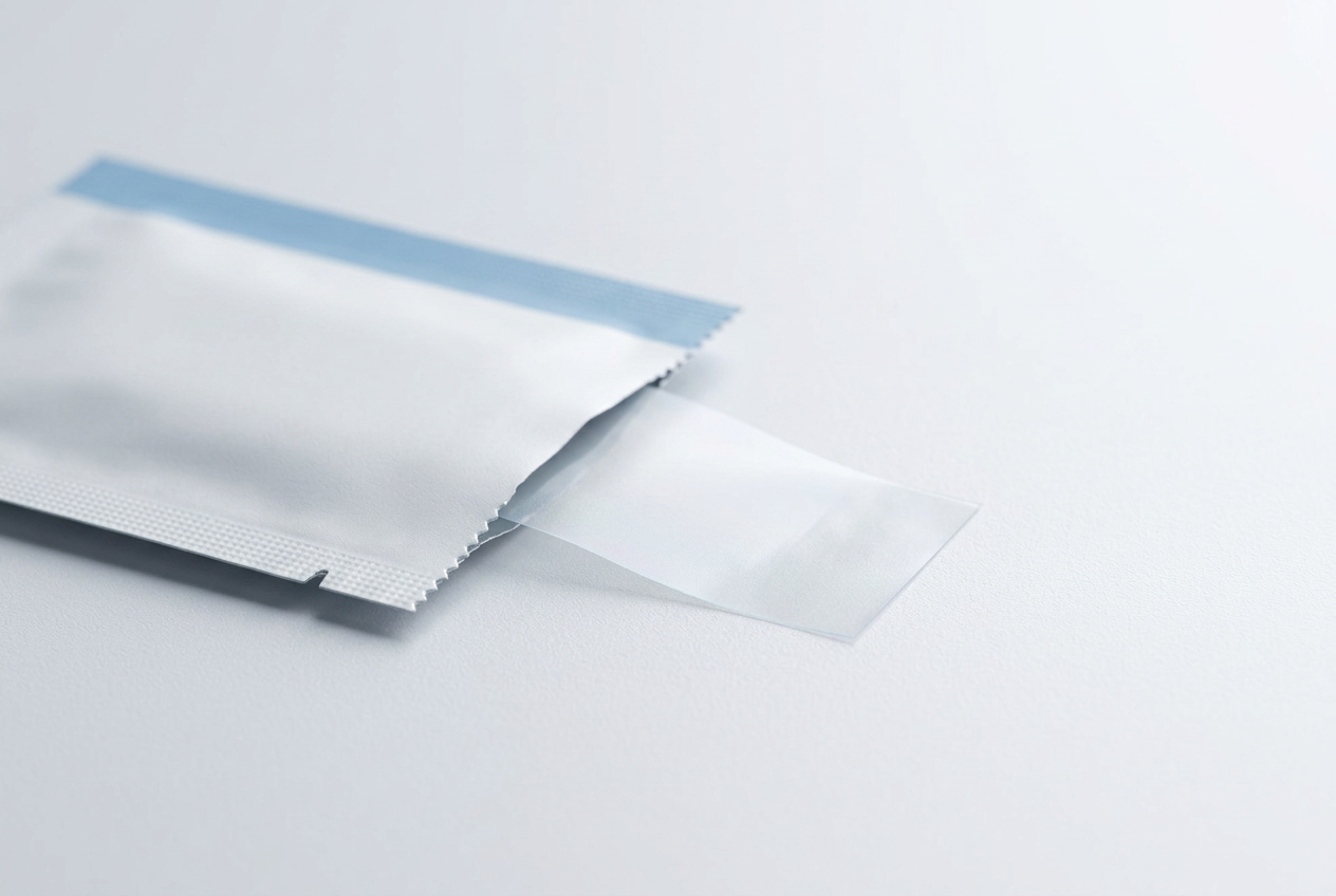 Close-up of an opened DOSED strip sleeve with the thin film strip beside it