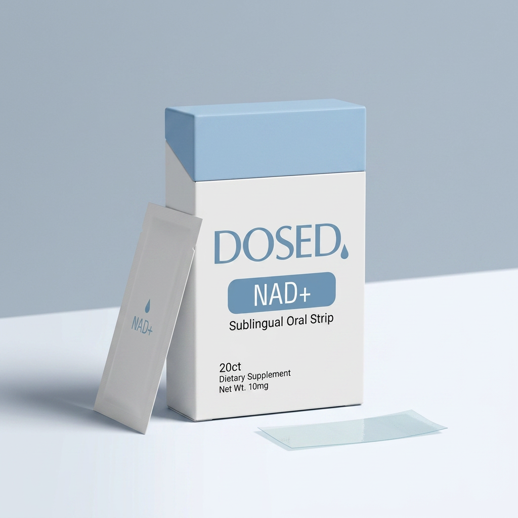 DOSED NAD+ oral dissolving strip box with a single sealed strip sleeve and one thin film strip on a white surface